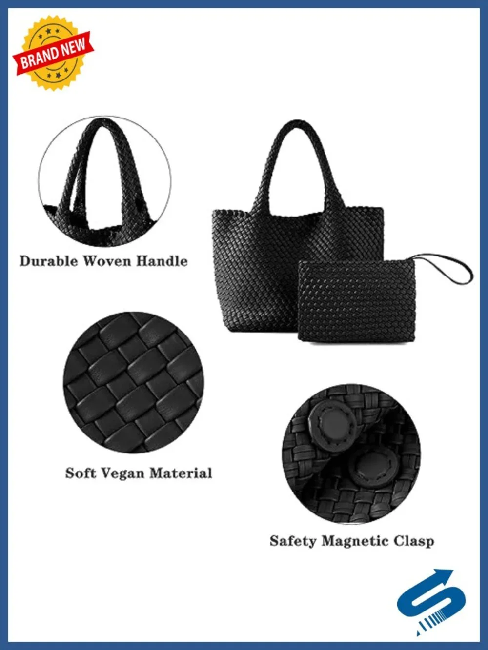 Vegan Leather Woven Tote Bag for Women with Small Zipped Clutch